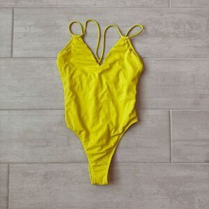 Shade & Shore Yellow Plunge Swimsuit One Piece Tie Back Cheeky Medium High Leg